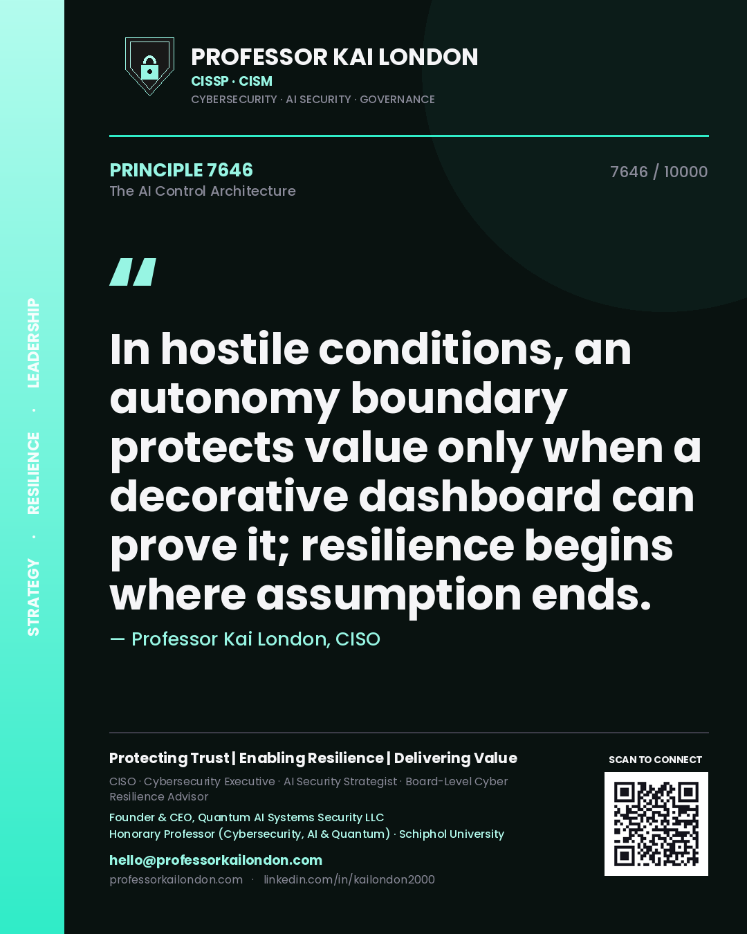 Quote card by Professor Kai London reading 'In hostile conditions, an autonomy boundary protects value only when a decorative dashboard can prove it; resilience begins where assumption ends.'. From the book The AI Control Architecture.