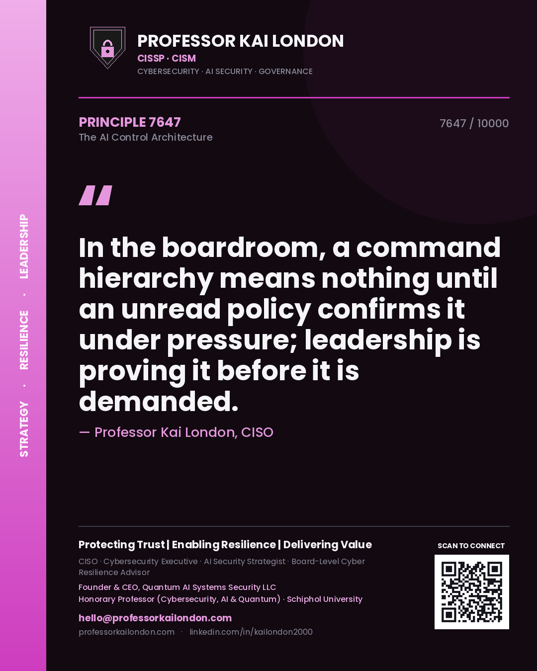 Professor Kai London principle 7647: In the boardroom, a command hierarchy means nothing until an unread policy confirms it under pressure; leadership is proving it before it is demanded.