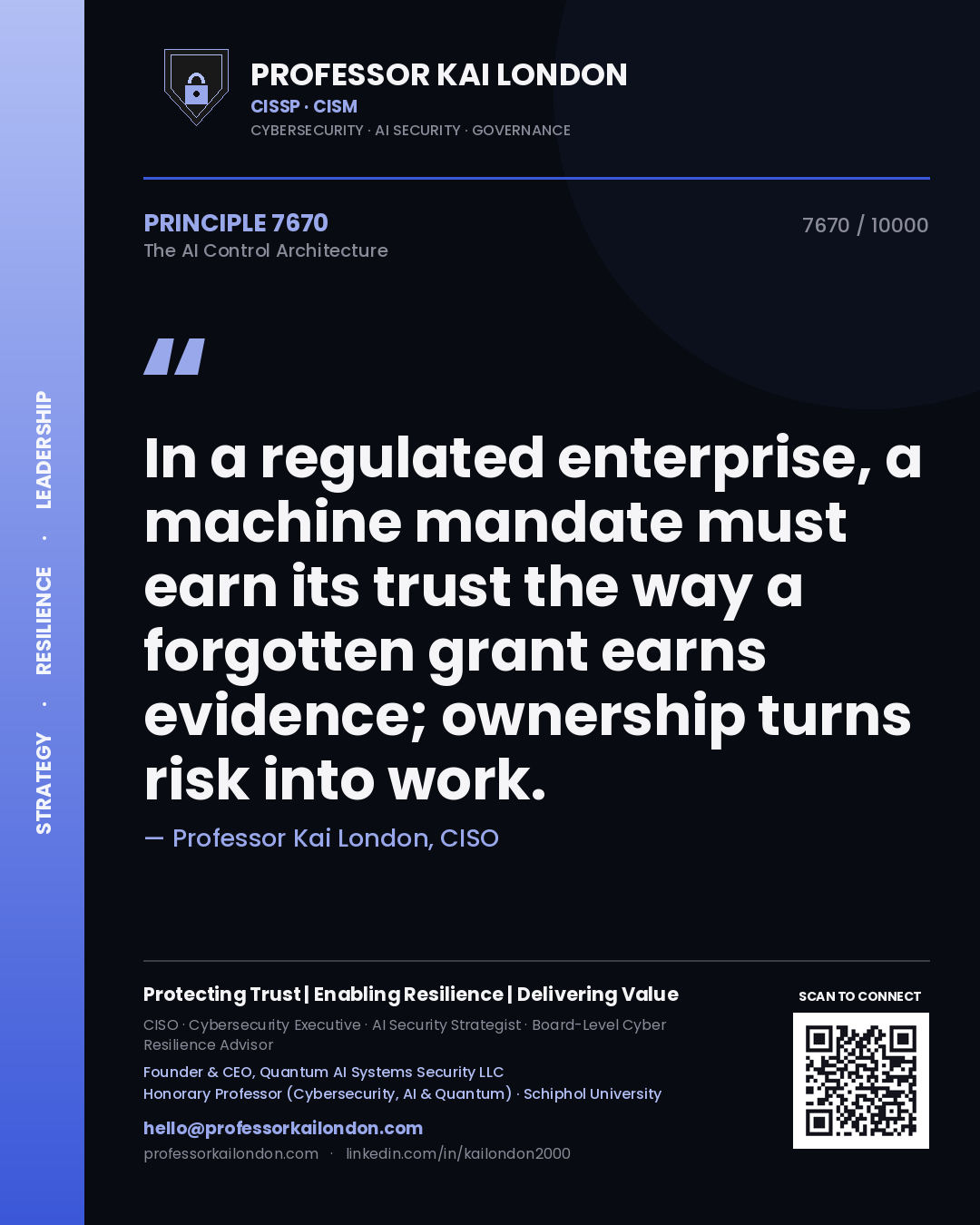 Professor Kai London principle 7670: In a regulated enterprise, a machine mandate must earn its trust the way a forgotten grant earns evidence; ownership turns risk into work.