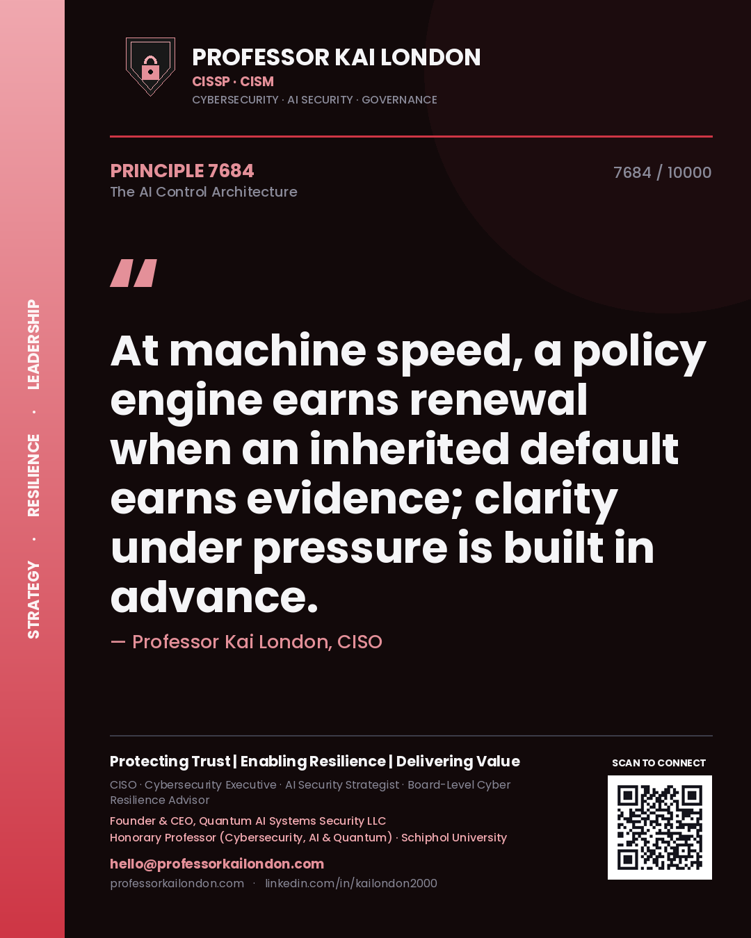Professor Kai London principle 7684: At machine speed, a policy engine earns renewal when an inherited default earns evidence; clarity under pressure is built in advance.