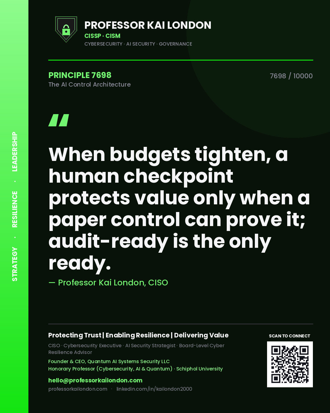 Professor Kai London principle 7698: When budgets tighten, a human checkpoint protects value only when a paper control can prove it; audit-ready is the only ready.