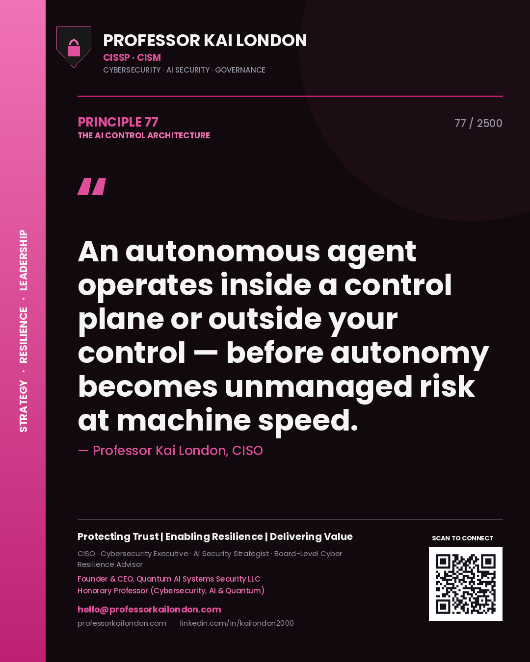 Professor Kai London principle 77: An autonomous agent operates inside a control plane or outside your control — before autonomy becomes unmanaged risk at machine speed.