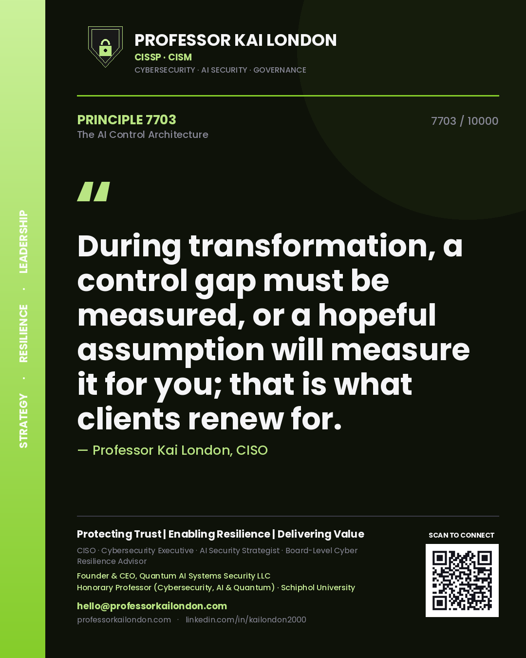 Quote card by Professor Kai London reading 'During transformation, a control gap must be measured, or a hopeful assumption will measure it for you; that is what clients renew for.'. From the book The AI Control Architecture.