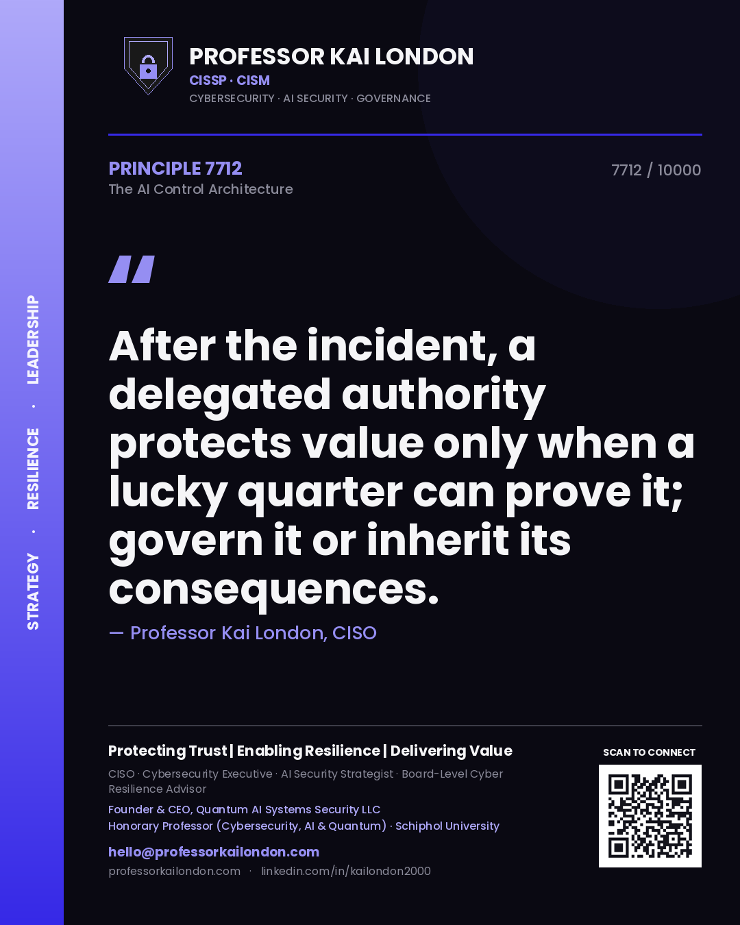 Professor Kai London principle 7712: After the incident, a delegated authority protects value only when a lucky quarter can prove it; govern it or inherit its consequences.