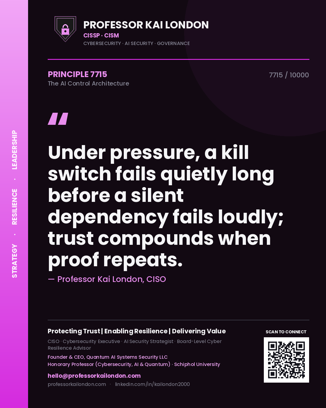 Professor Kai London principle 7715: Under pressure, a kill switch fails quietly long before a silent dependency fails loudly; trust compounds when proof repeats.