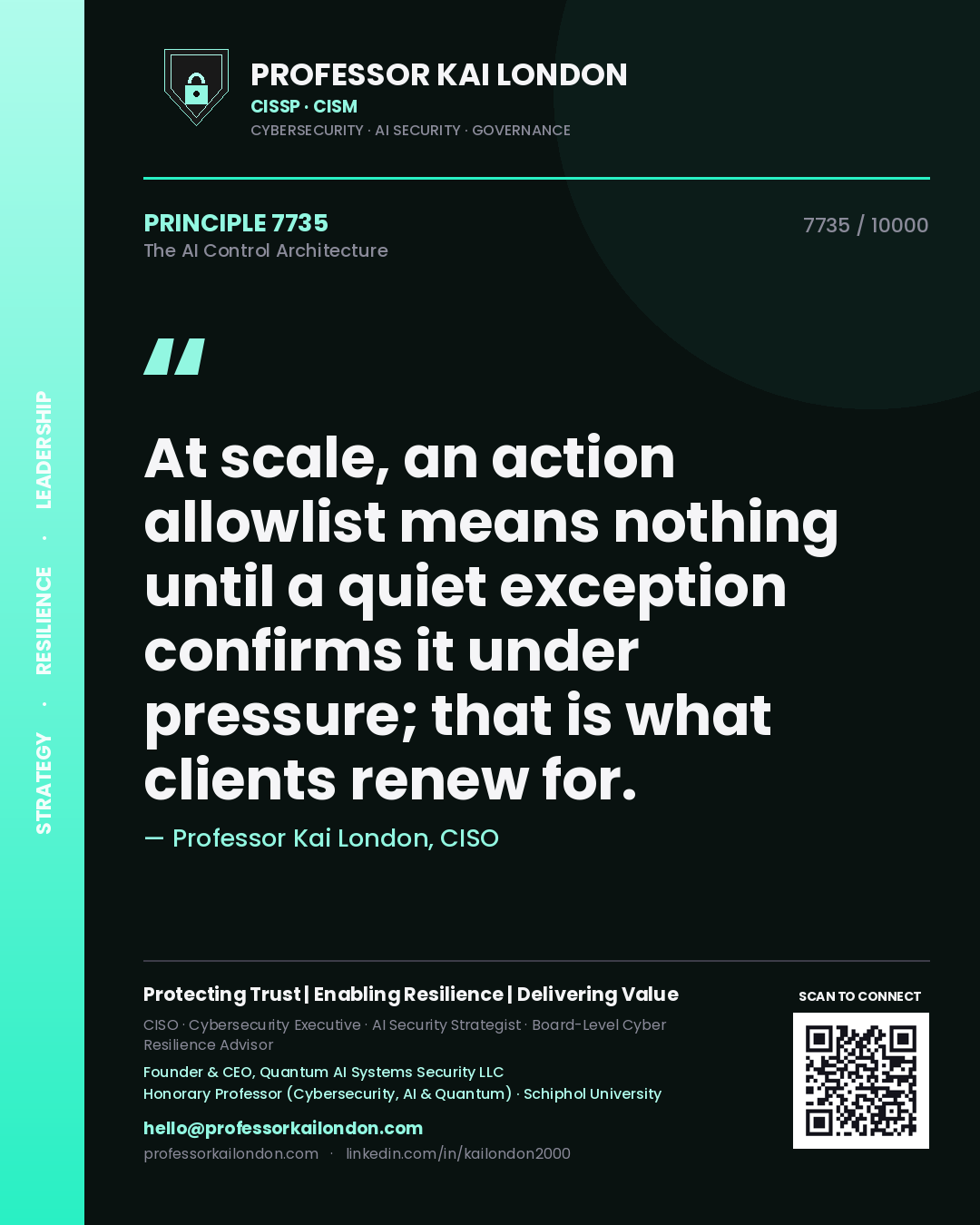 Quote card by Professor Kai London reading 'At scale, an action allowlist means nothing until a quiet exception confirms it under pressure; that is what clients renew for.'. From the book The AI Control Architecture.