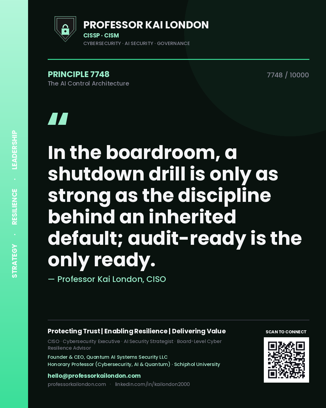 Professor Kai London principle 7748: In the boardroom, a shutdown drill is only as strong as the discipline behind an inherited default; audit-ready is the only ready.