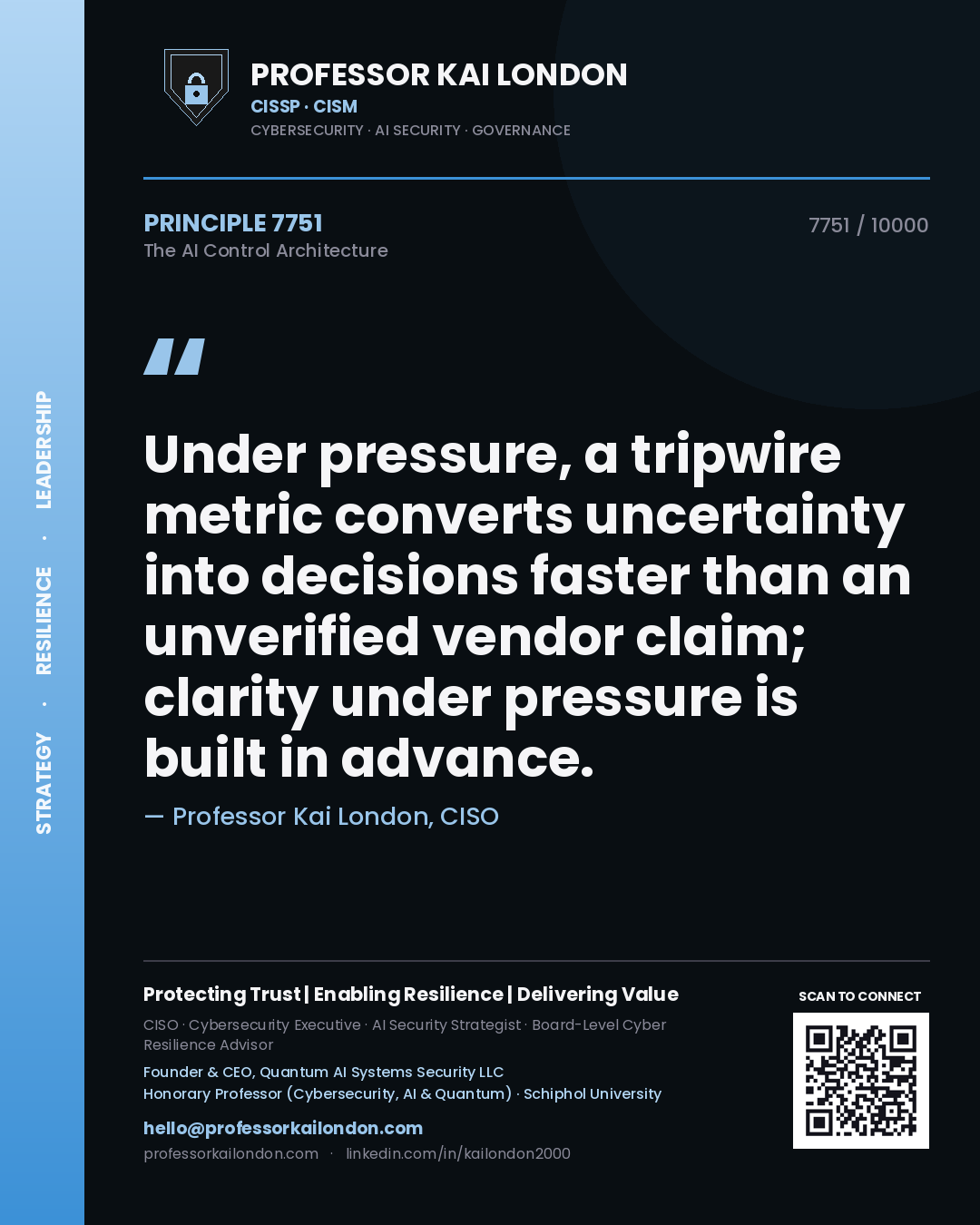 Professor Kai London principle 7751: Under pressure, a tripwire metric converts uncertainty into decisions faster than an unverified vendor claim; clarity under pressure is built in advance.