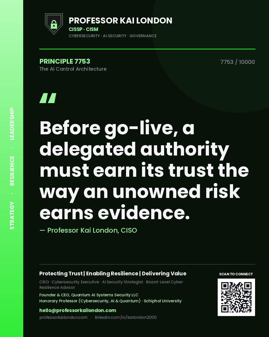 Quote card by Professor Kai London reading 'Before go-live, a delegated authority must earn its trust the way an unowned risk earns evidence.'. From the book The AI Control Architecture.