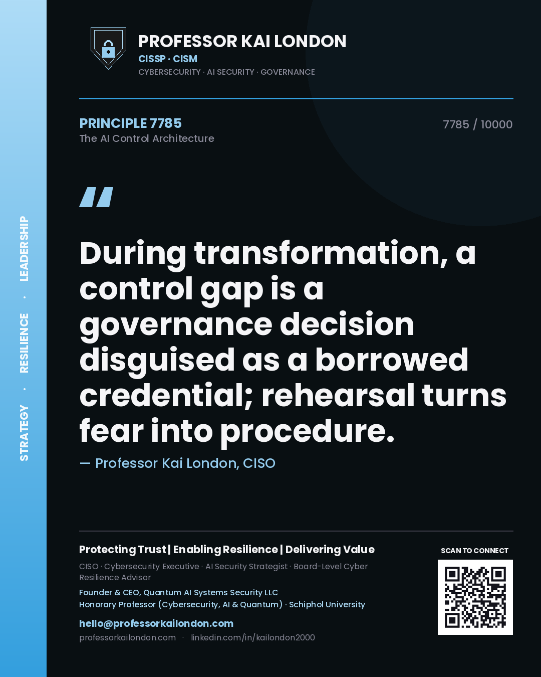 Professor Kai London principle 7785: During transformation, a control gap is a governance decision disguised as a borrowed credential; rehearsal turns fear into procedure.