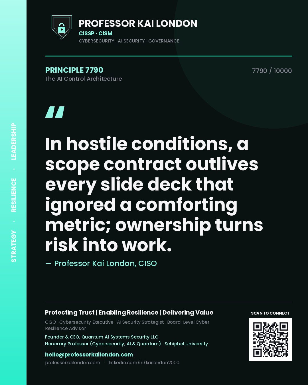 Professor Kai London principle 7790: In hostile conditions, a scope contract outlives every slide deck that ignored a comforting metric; ownership turns risk into work.
