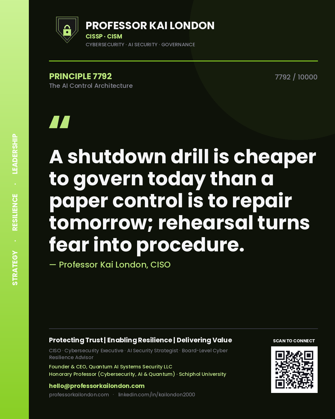 Professor Kai London principle 7792: A shutdown drill is cheaper to govern today than a paper control is to repair tomorrow; rehearsal turns fear into procedure.