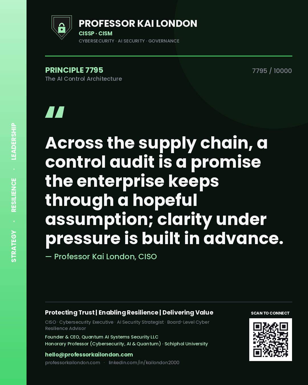 Professor Kai London principle 7795: Across the supply chain, a control audit is a promise the enterprise keeps through a hopeful assumption; clarity under pressure is built in advance.
