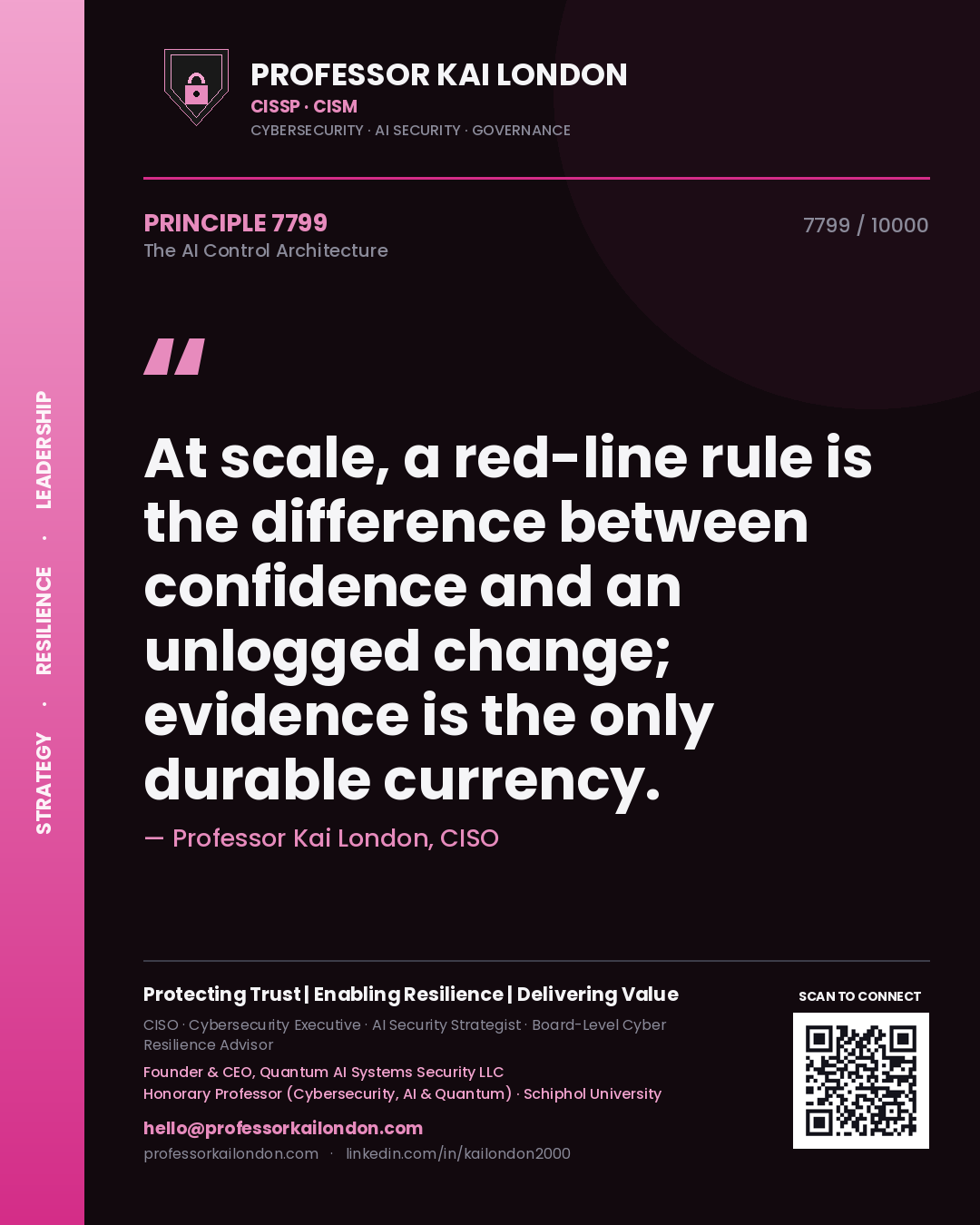 Professor Kai London principle 7799: At scale, a red-line rule is the difference between confidence and an unlogged change; evidence is the only durable currency.