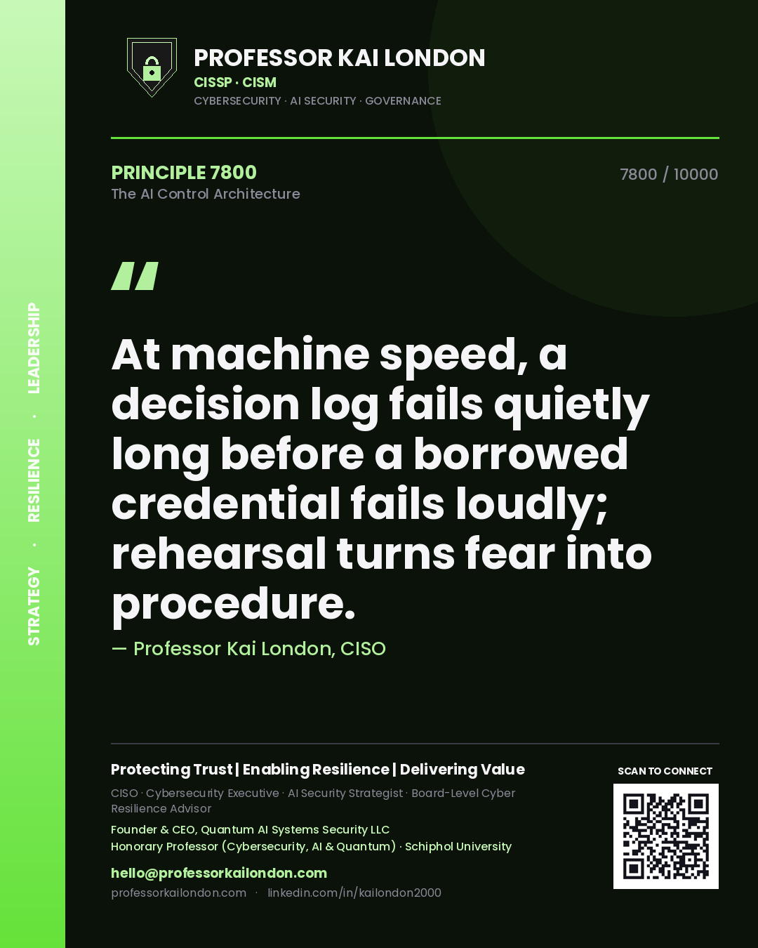 Quote card by Professor Kai London reading 'At machine speed, a decision log fails quietly long before a borrowed credential fails loudly; rehearsal turns fear into procedure.'. From the book The AI Control Architecture.