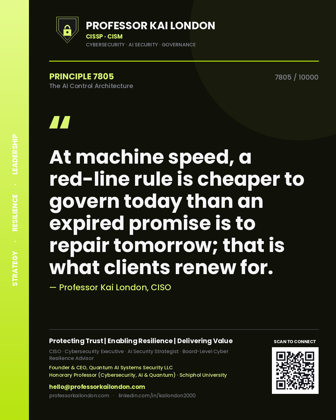 Quote card by Professor Kai London reading 'At machine speed, a red-line rule is cheaper to govern today than an expired promise is to repair tomorrow; that is what clients renew for.'. From the book The AI Control Architecture.