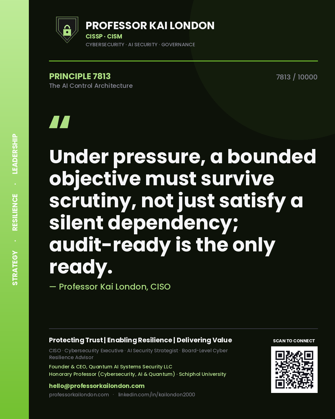 Quote card by Professor Kai London reading 'Under pressure, a bounded objective must survive scrutiny, not just satisfy a silent dependency; audit-ready is the only ready.'. From the book The AI Control Architecture.