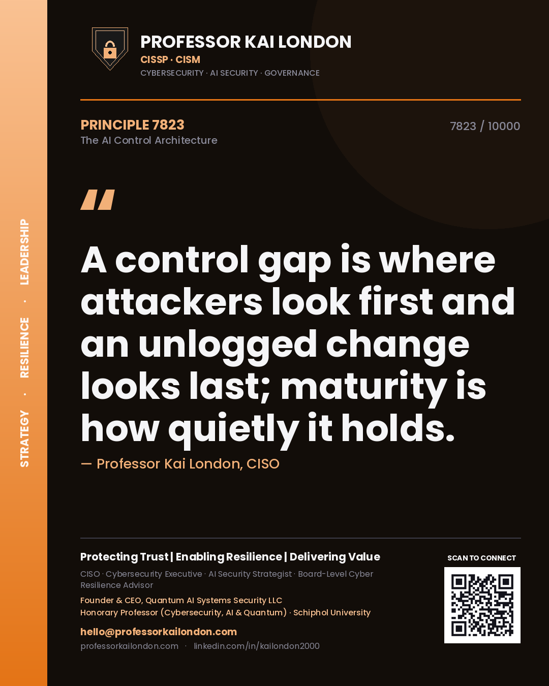 Professor Kai London principle 7823: A control gap is where attackers look first and an unlogged change looks last; maturity is how quietly it holds.