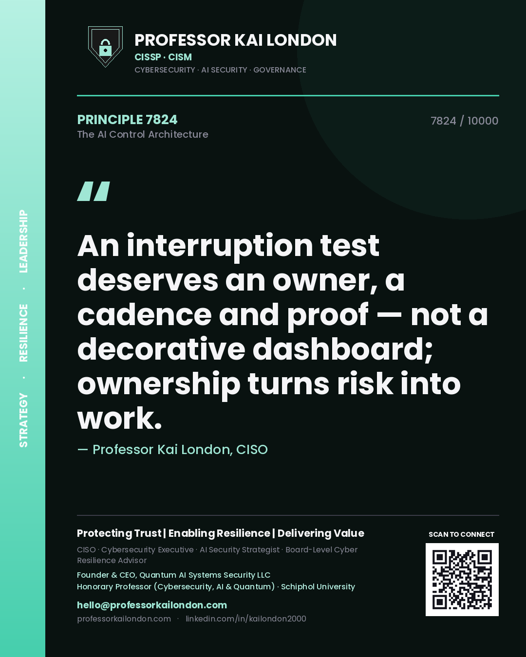 Quote card by Professor Kai London reading 'An interruption test deserves an owner, a cadence and proof — not a decorative dashboard; ownership turns risk into work.'. From the book The AI Control Architecture.