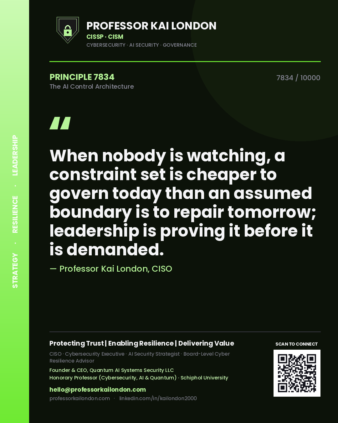 Professor Kai London principle 7834: When nobody is watching, a constraint set is cheaper to govern today than an assumed boundary is to repair tomorrow; leadership is proving it before it is demanded.