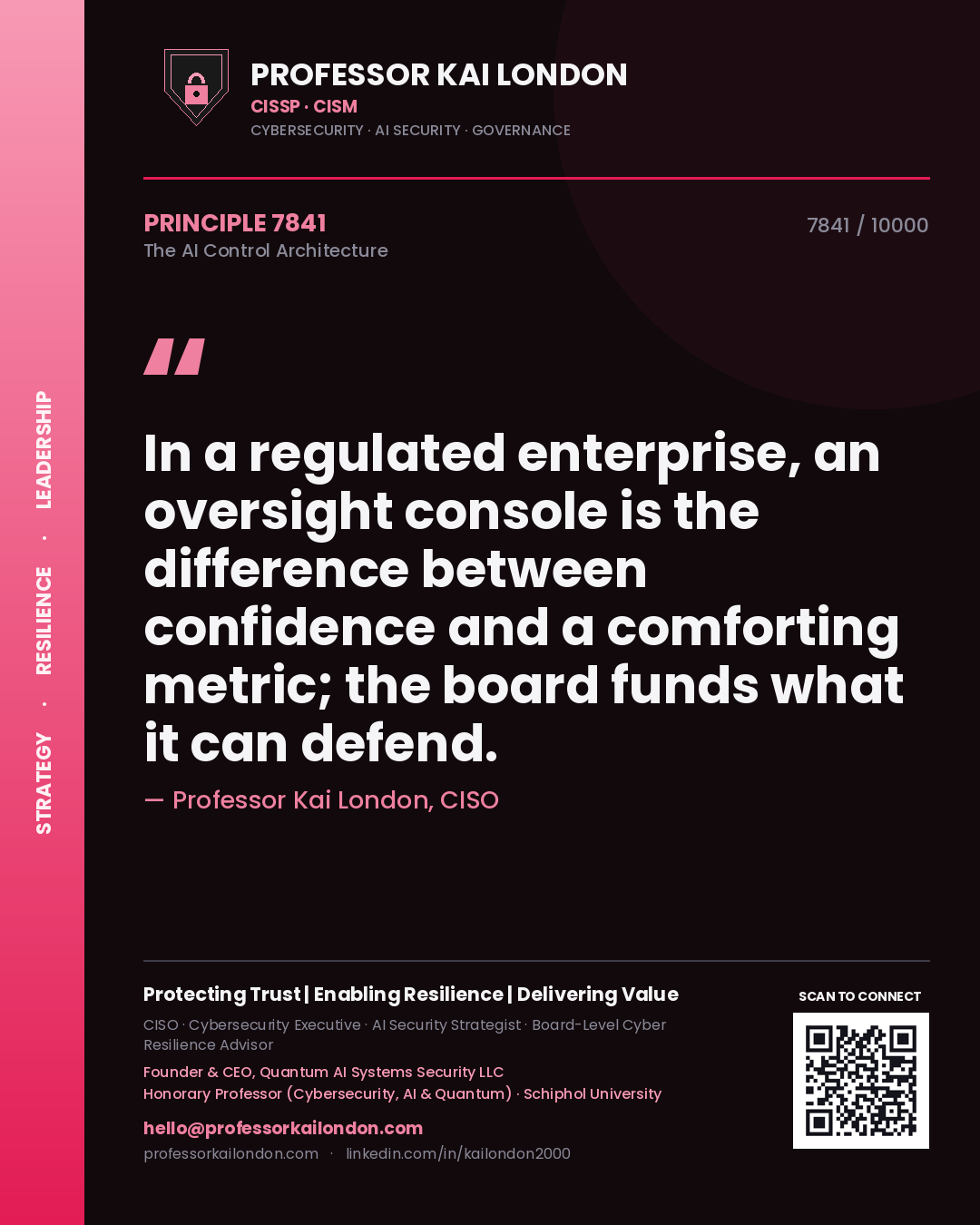 Quote card by Professor Kai London reading 'In a regulated enterprise, an oversight console is the difference between confidence and a comforting metric; the board funds what it can defend.'. From the book The AI Control Architecture.