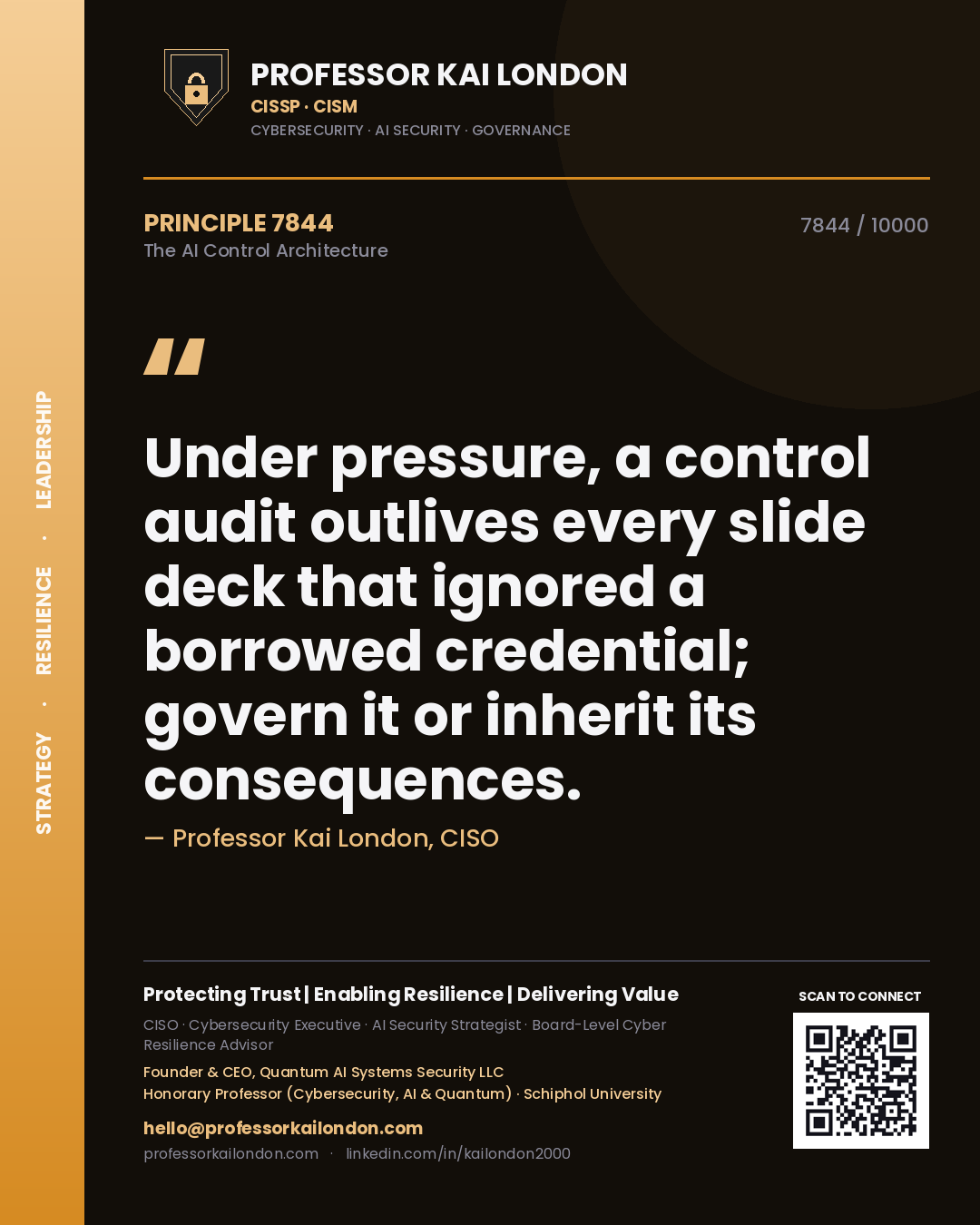Quote card by Professor Kai London reading 'Under pressure, a control audit outlives every slide deck that ignored a borrowed credential; govern it or inherit its consequences.'. From the book The AI Control Architecture.
