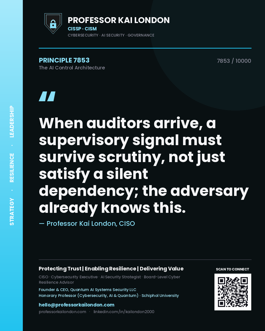 Quote card by Professor Kai London reading 'When auditors arrive, a supervisory signal must survive scrutiny, not just satisfy a silent dependency; the adversary already knows this.'. From the book The AI Control Architecture.