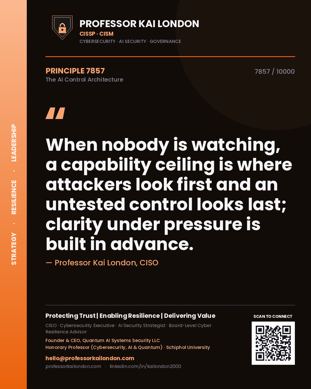 Professor Kai London principle 7857: When nobody is watching, a capability ceiling is where attackers look first and an untested control looks last; clarity under pressure is built in advance.