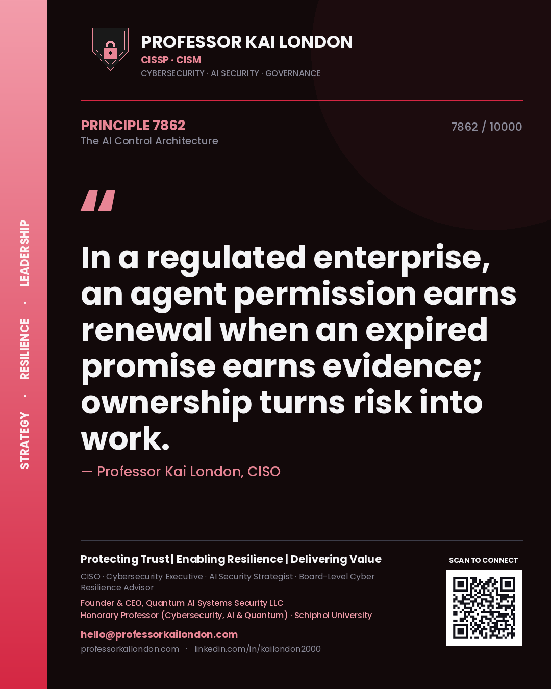 Professor Kai London principle 7862: In a regulated enterprise, an agent permission earns renewal when an expired promise earns evidence; ownership turns risk into work.