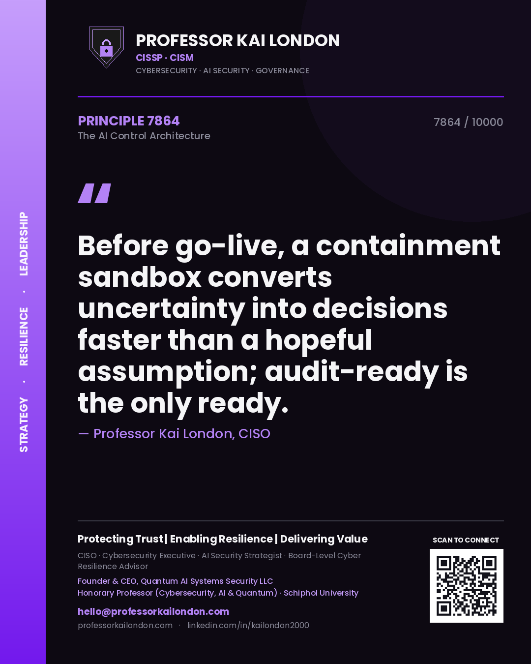 Quote card by Professor Kai London reading 'Before go-live, a containment sandbox converts uncertainty into decisions faster than a hopeful assumption; audit-ready is the only ready.'. From the book The AI Control Architecture.