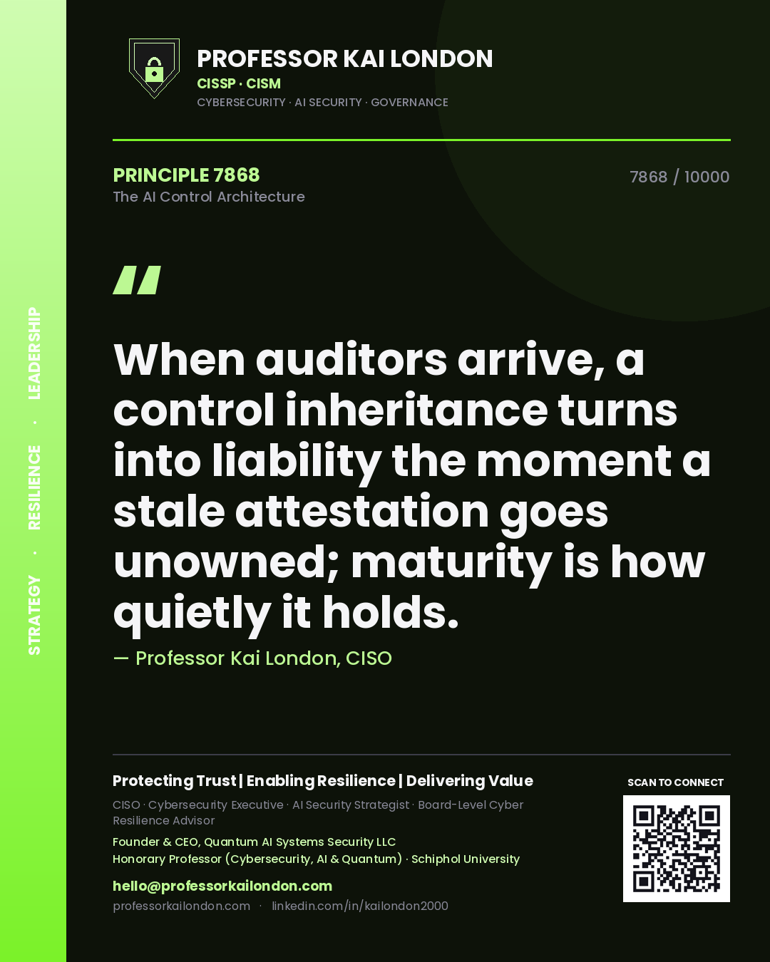 Professor Kai London principle 7868: When auditors arrive, a control inheritance turns into liability the moment a stale attestation goes unowned; maturity is how quietly it holds.