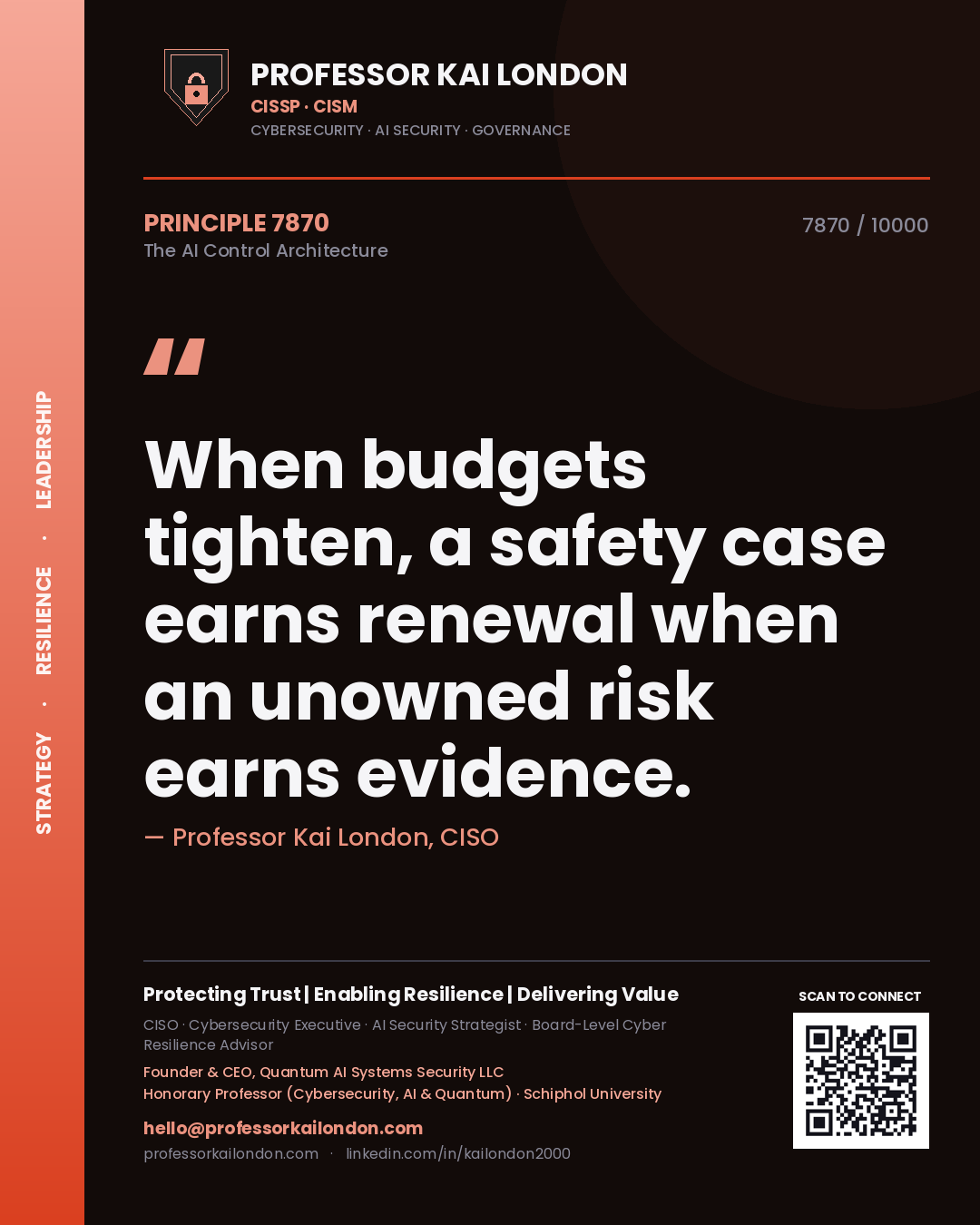 Professor Kai London principle 7870: When budgets tighten, a safety case earns renewal when an unowned risk earns evidence.