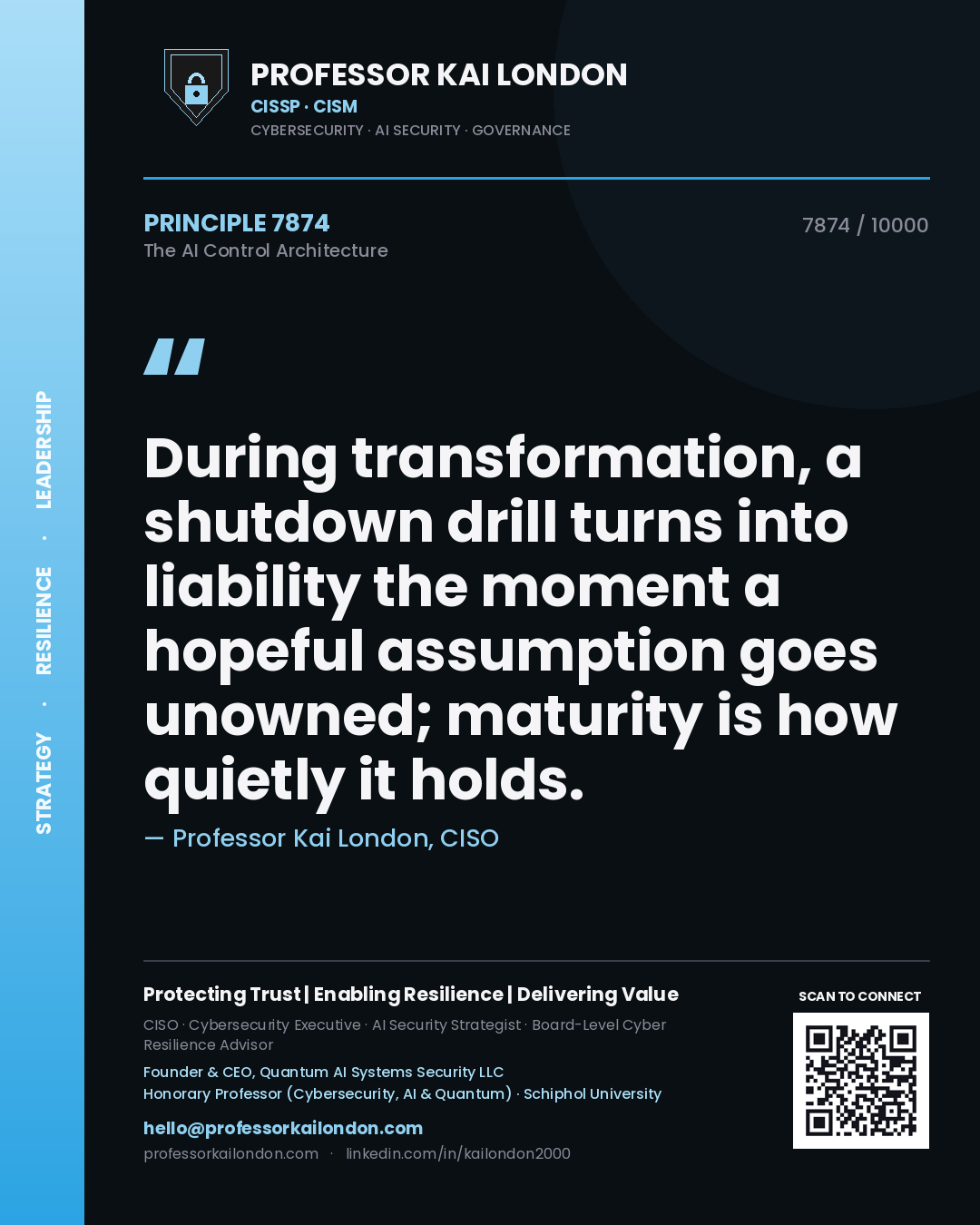 Quote card by Professor Kai London reading 'During transformation, a shutdown drill turns into liability the moment a hopeful assumption goes unowned; maturity is how quietly it holds.'. From the book The AI Control Architecture.