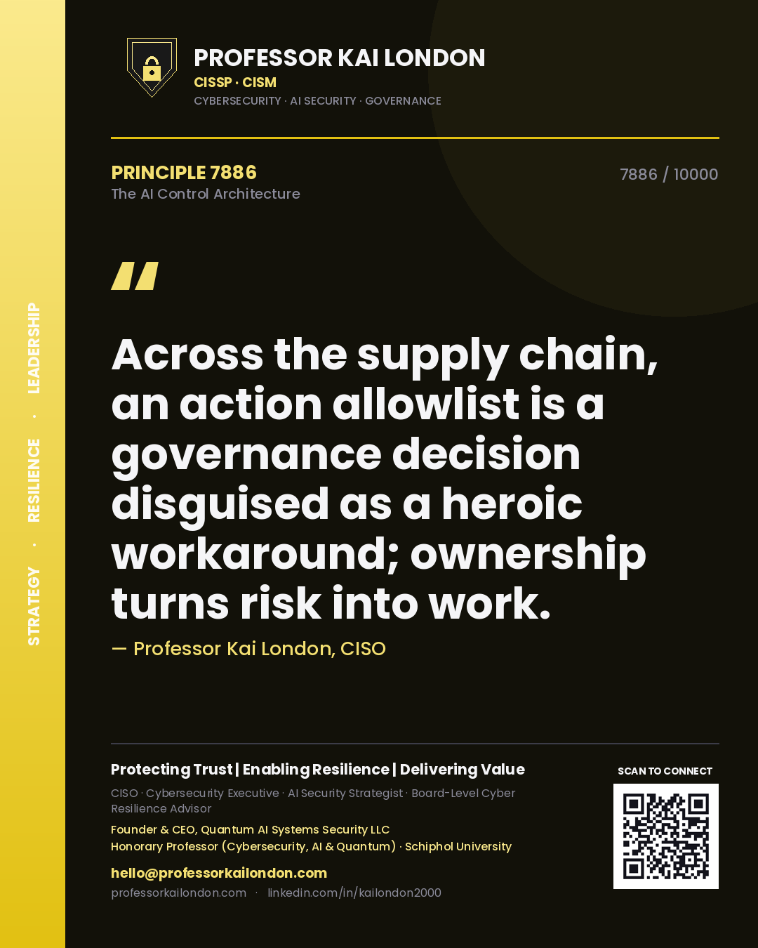 Professor Kai London principle 7886: Across the supply chain, an action allowlist is a governance decision disguised as a heroic workaround; ownership turns risk into work.