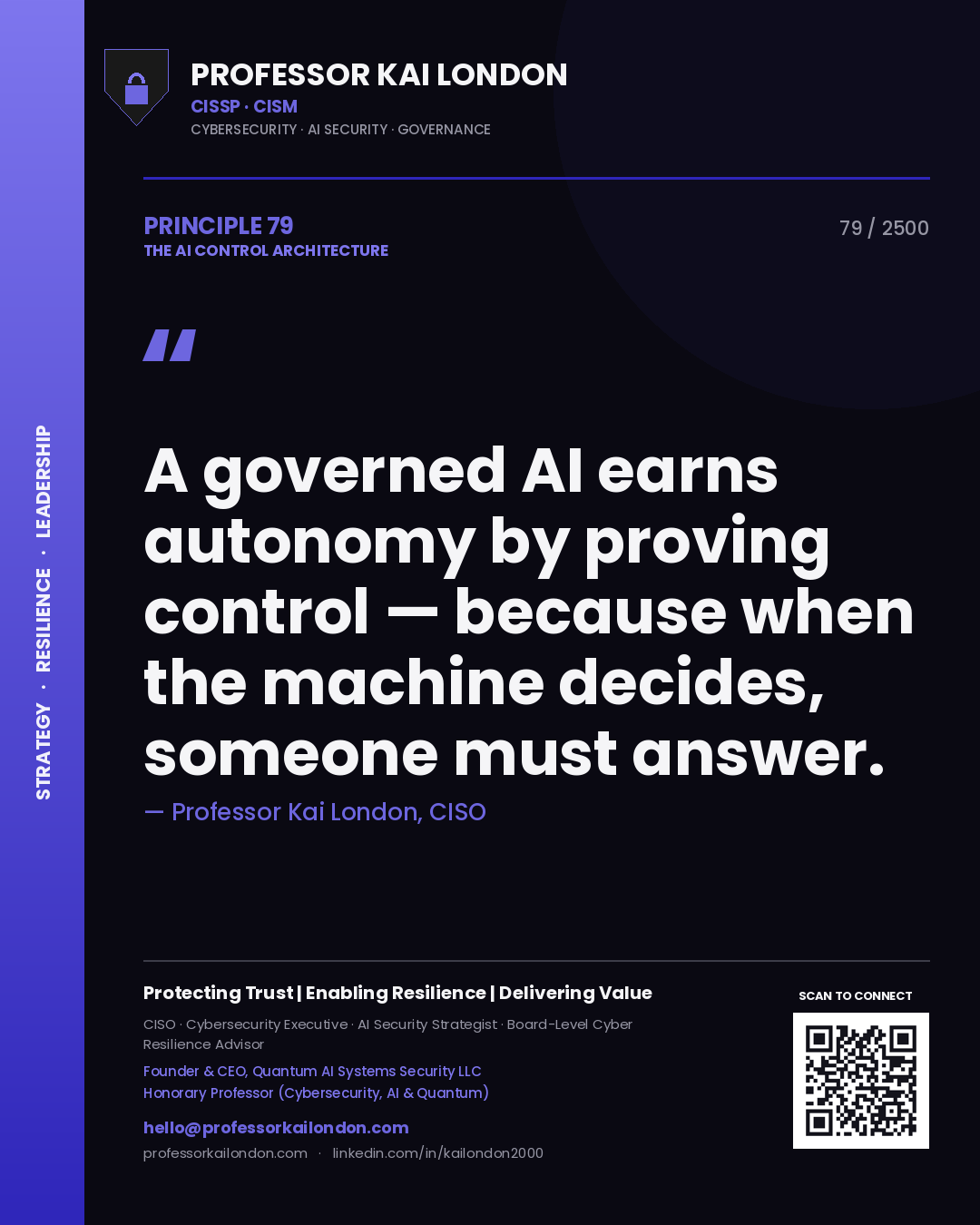 Professor Kai London principle 79: A governed AI earns autonomy by proving control — because when the machine decides, someone must answer.
