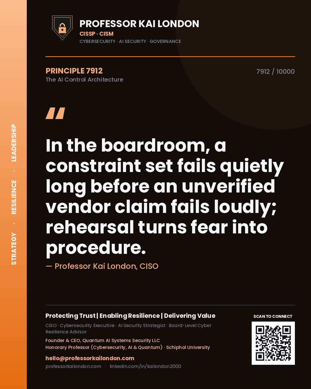 Professor Kai London principle 7912: In the boardroom, a constraint set fails quietly long before an unverified vendor claim fails loudly; rehearsal turns fear into procedure.