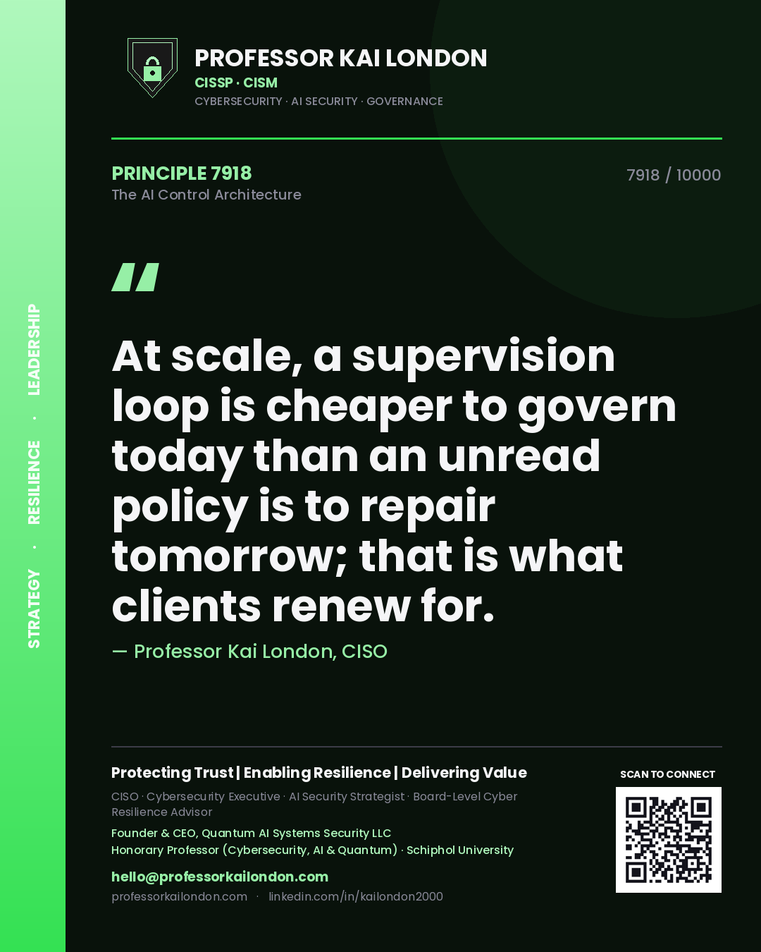 Quote card by Professor Kai London reading 'At scale, a supervision loop is cheaper to govern today than an unread policy is to repair tomorrow; that is what clients renew for.'. From the book The AI Control Architecture.