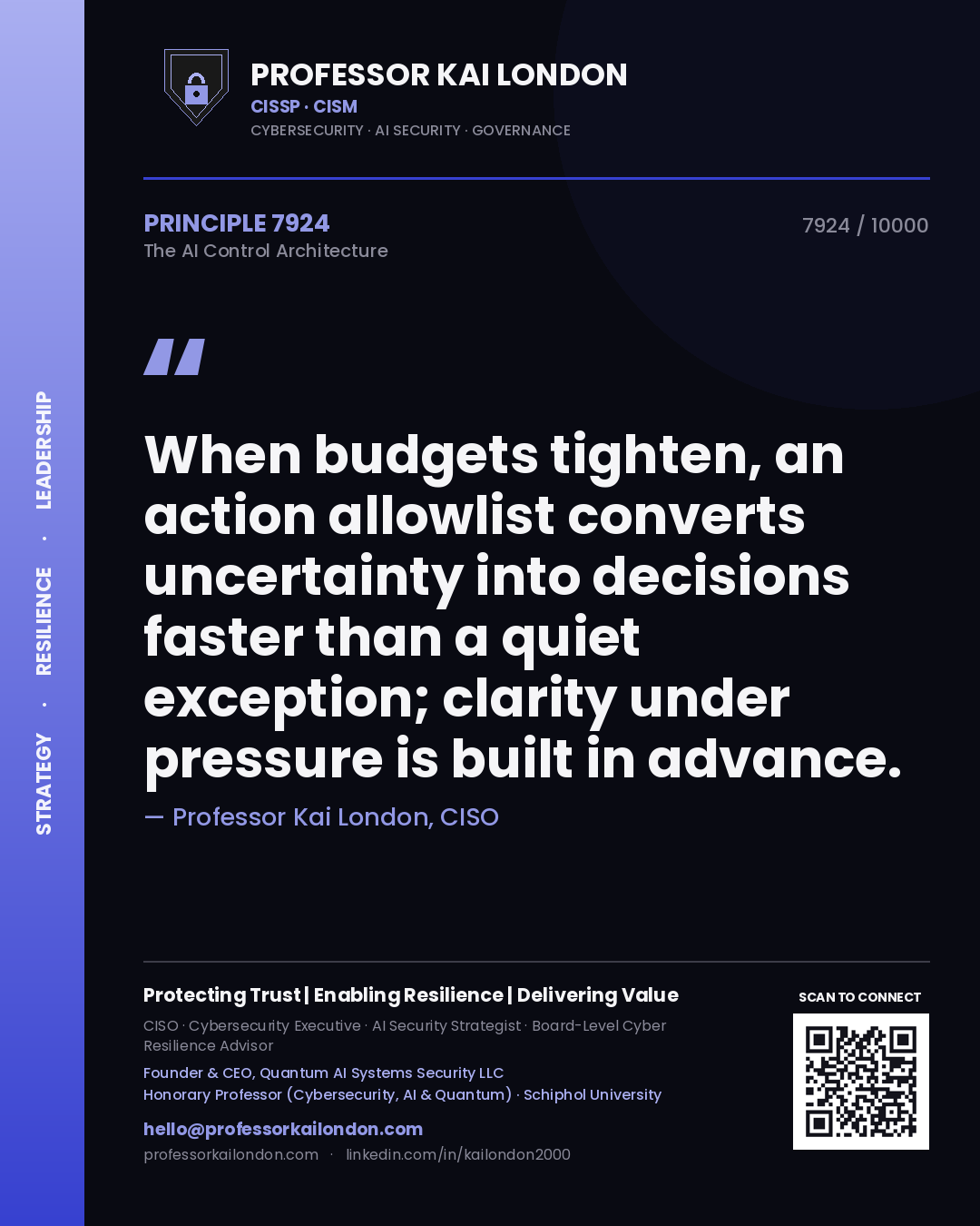 Professor Kai London principle 7924: When budgets tighten, an action allowlist converts uncertainty into decisions faster than a quiet exception; clarity under pressure is built in advance.
