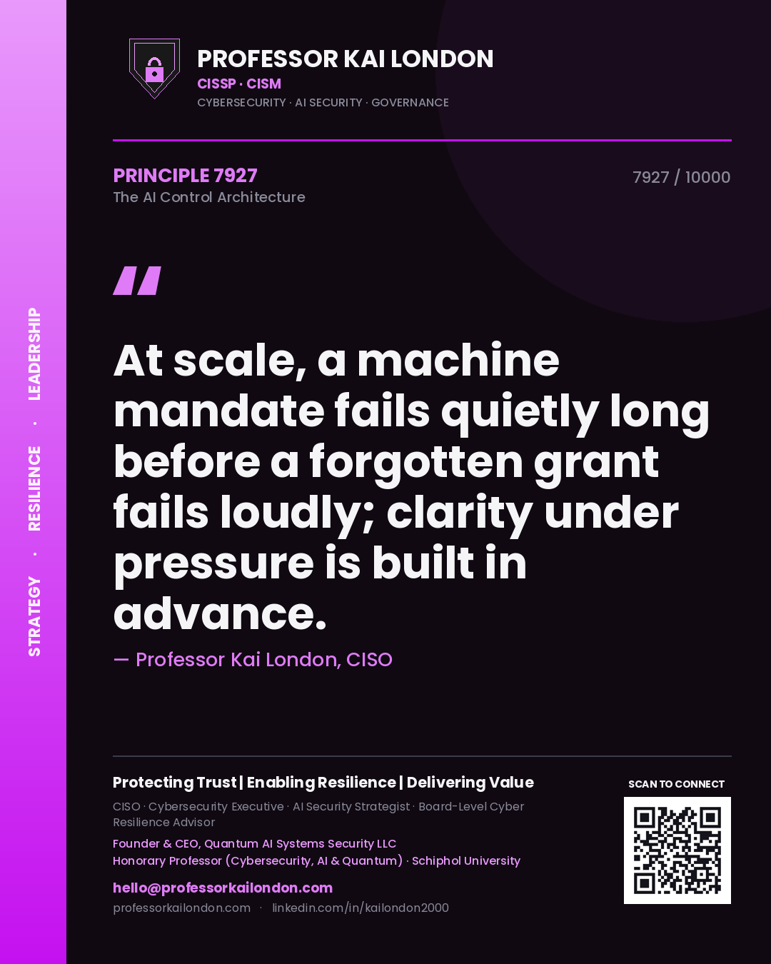 Professor Kai London principle 7927: At scale, a machine mandate fails quietly long before a forgotten grant fails loudly; clarity under pressure is built in advance.