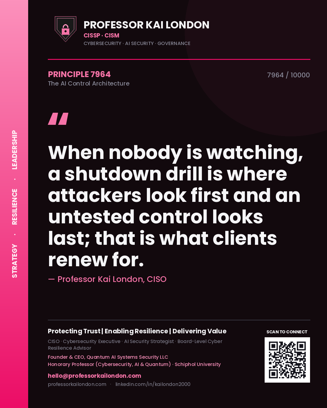 Professor Kai London principle 7964: When nobody is watching, a shutdown drill is where attackers look first and an untested control looks last; that is what clients renew for.