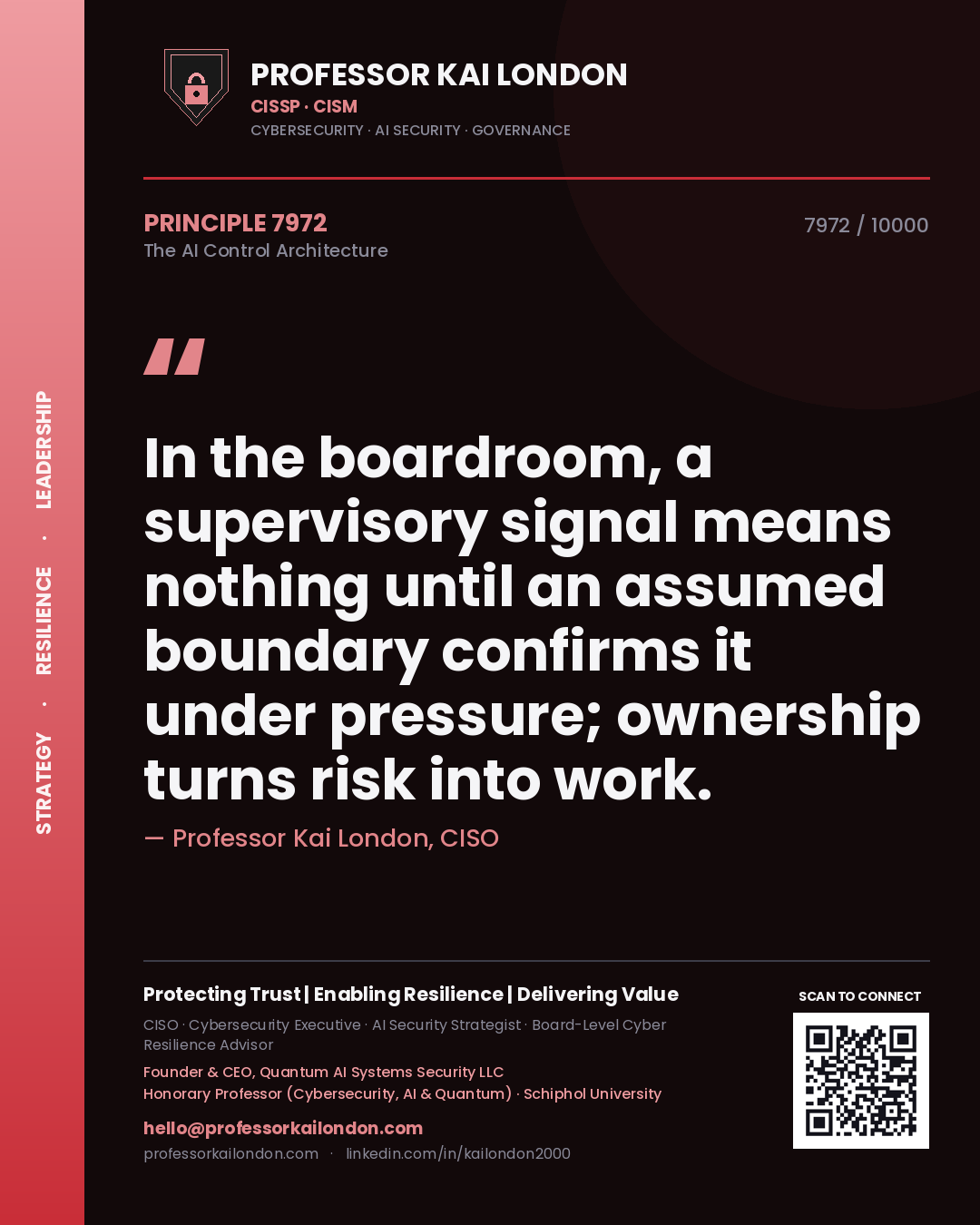 Professor Kai London principle 7972: In the boardroom, a supervisory signal means nothing until an assumed boundary confirms it under pressure; ownership turns risk into work.