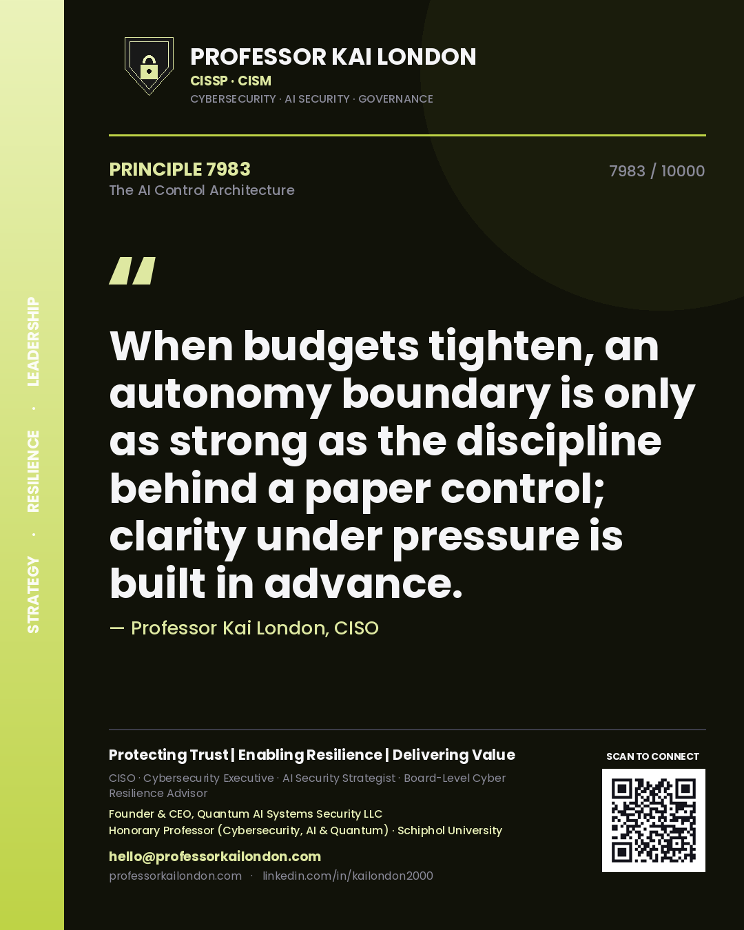 Professor Kai London principle 7983: When budgets tighten, an autonomy boundary is only as strong as the discipline behind a paper control; clarity under pressure is built in advance.