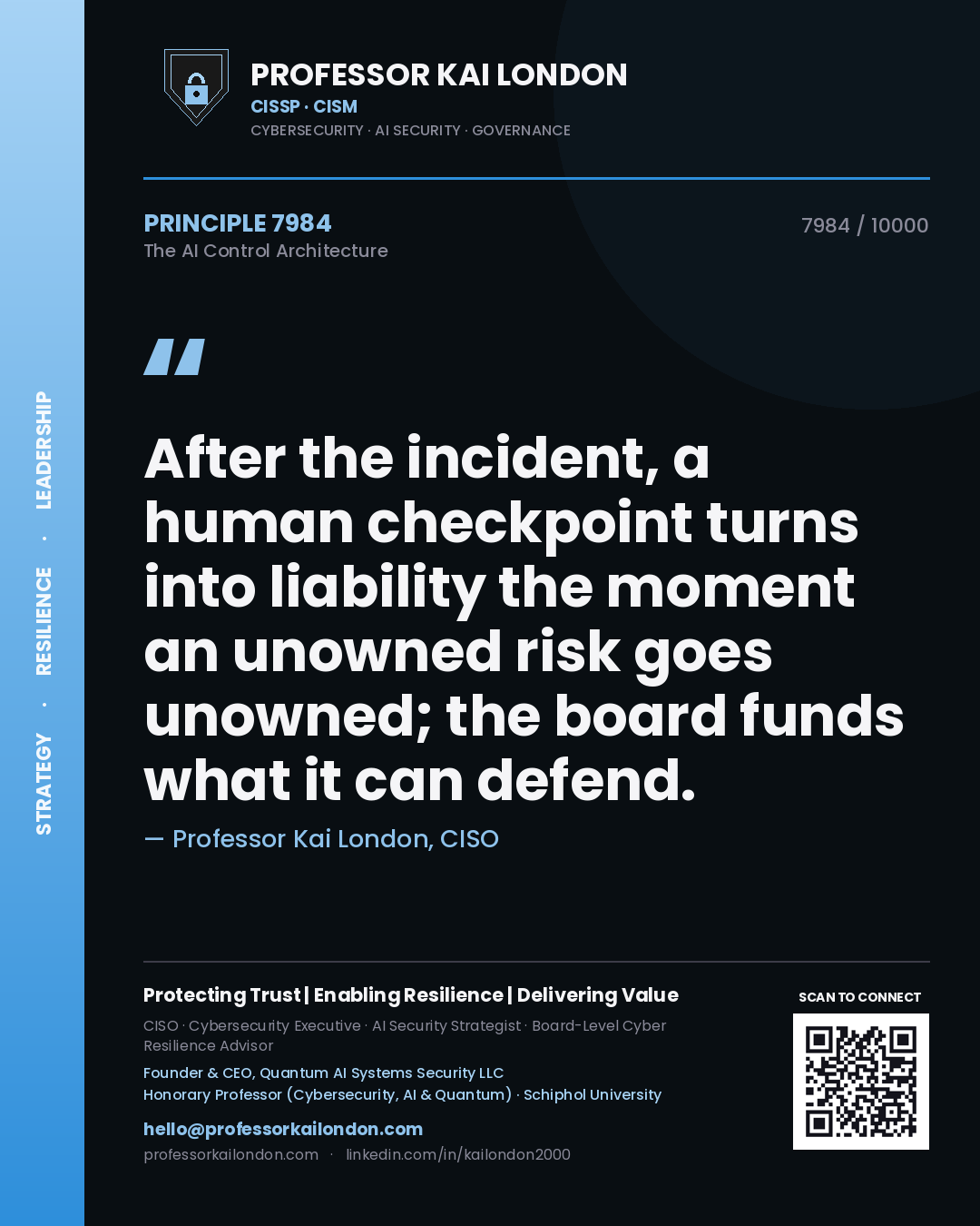 Professor Kai London principle 7984: After the incident, a human checkpoint turns into liability the moment an unowned risk goes unowned; the board funds what it can defend.