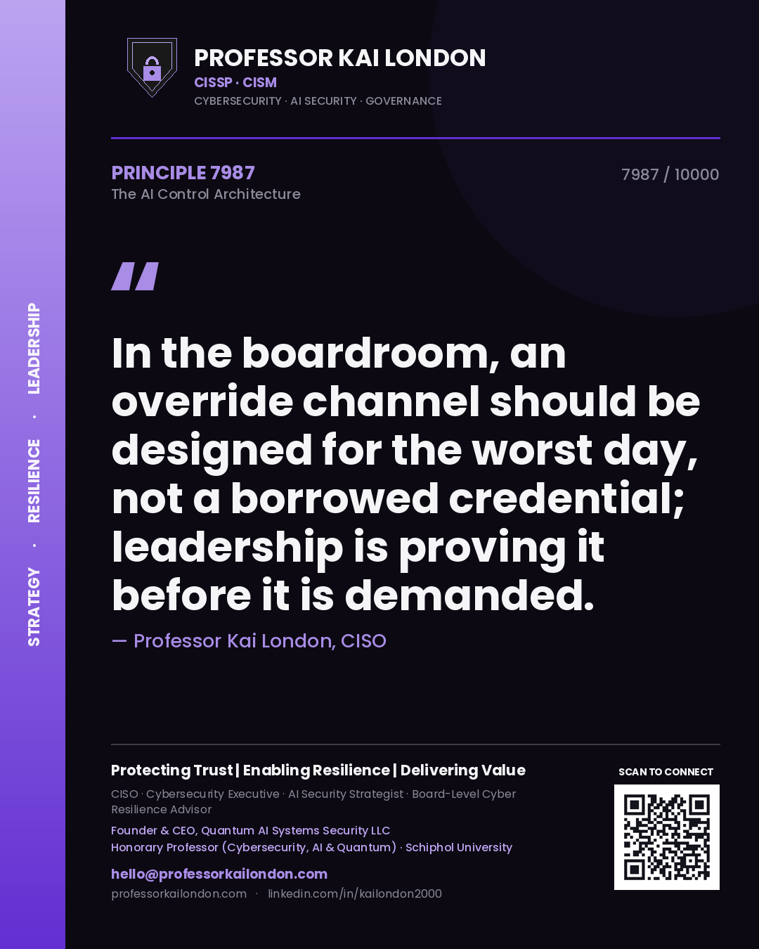 Professor Kai London principle 7987: In the boardroom, an override channel should be designed for the worst day, not a borrowed credential; leadership is proving it before it is demanded.