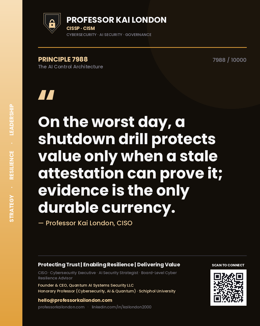 Professor Kai London principle 7988: On the worst day, a shutdown drill protects value only when a stale attestation can prove it; evidence is the only durable currency.