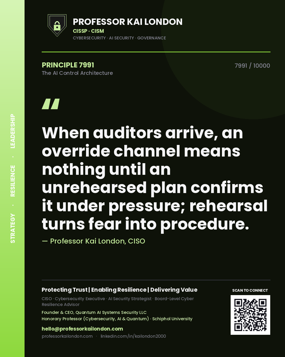Professor Kai London principle 7991: When auditors arrive, an override channel means nothing until an unrehearsed plan confirms it under pressure; rehearsal turns fear into procedure.