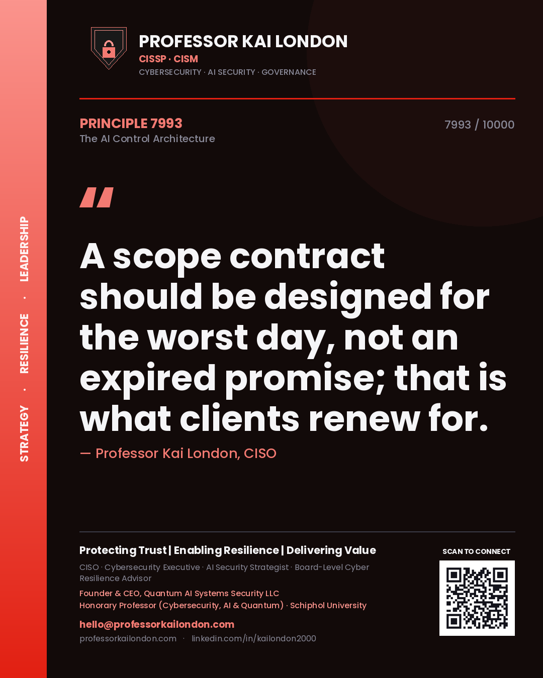 Professor Kai London principle 7993: A scope contract should be designed for the worst day, not an expired promise; that is what clients renew for.