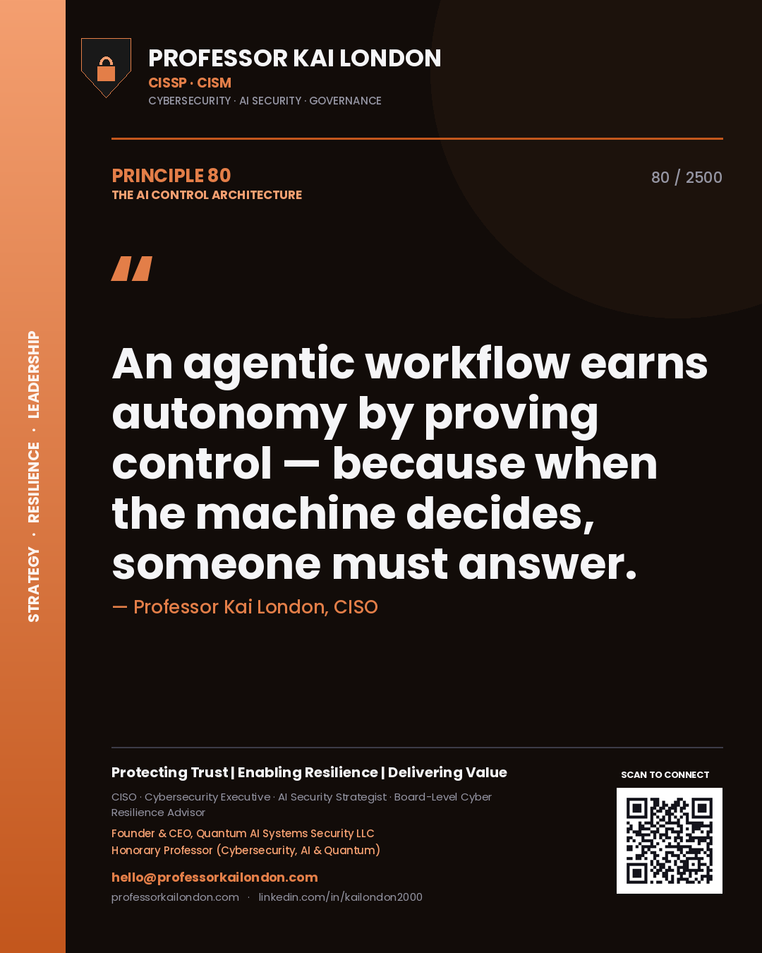 Professor Kai London principle 80: An agentic workflow earns autonomy by proving control — because when the machine decides, someone must answer.