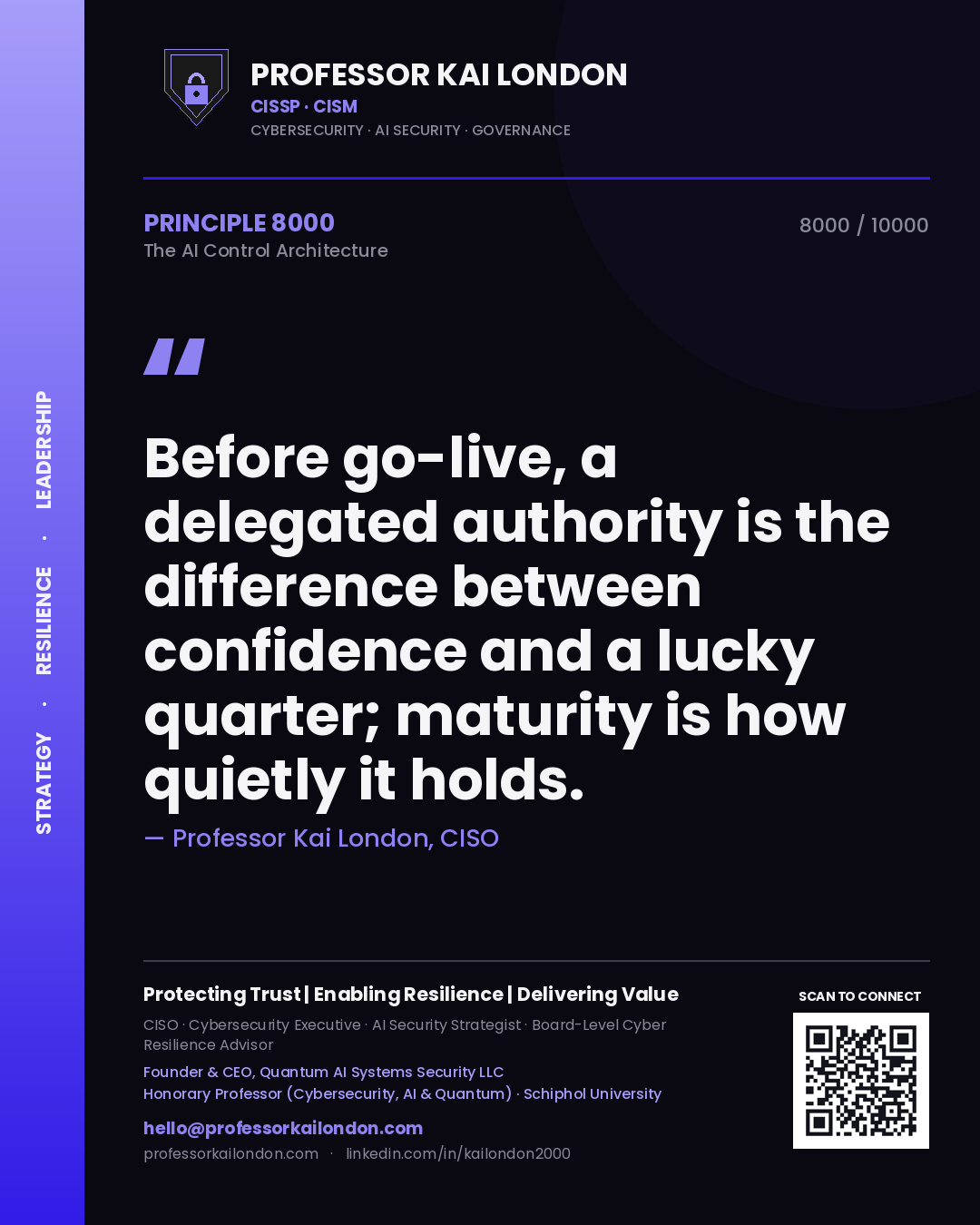 Quote card by Professor Kai London reading 'Before go-live, a delegated authority is the difference between confidence and a lucky quarter; maturity is how quietly it holds.'. From the book The AI Control Architecture.