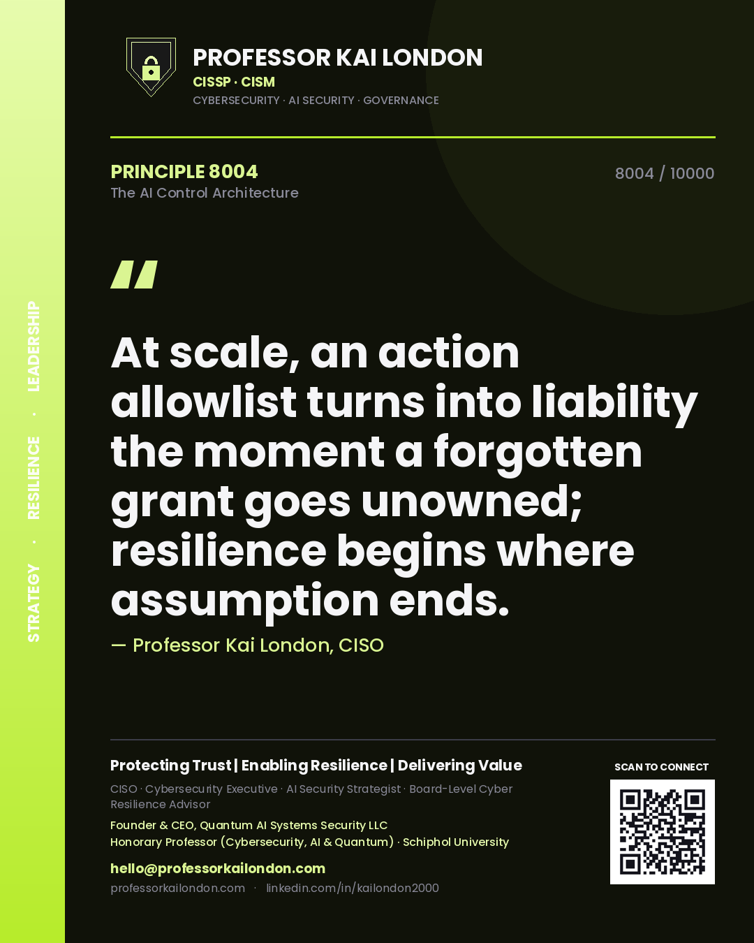 Professor Kai London principle 8004: At scale, an action allowlist turns into liability the moment a forgotten grant goes unowned; resilience begins where assumption ends.
